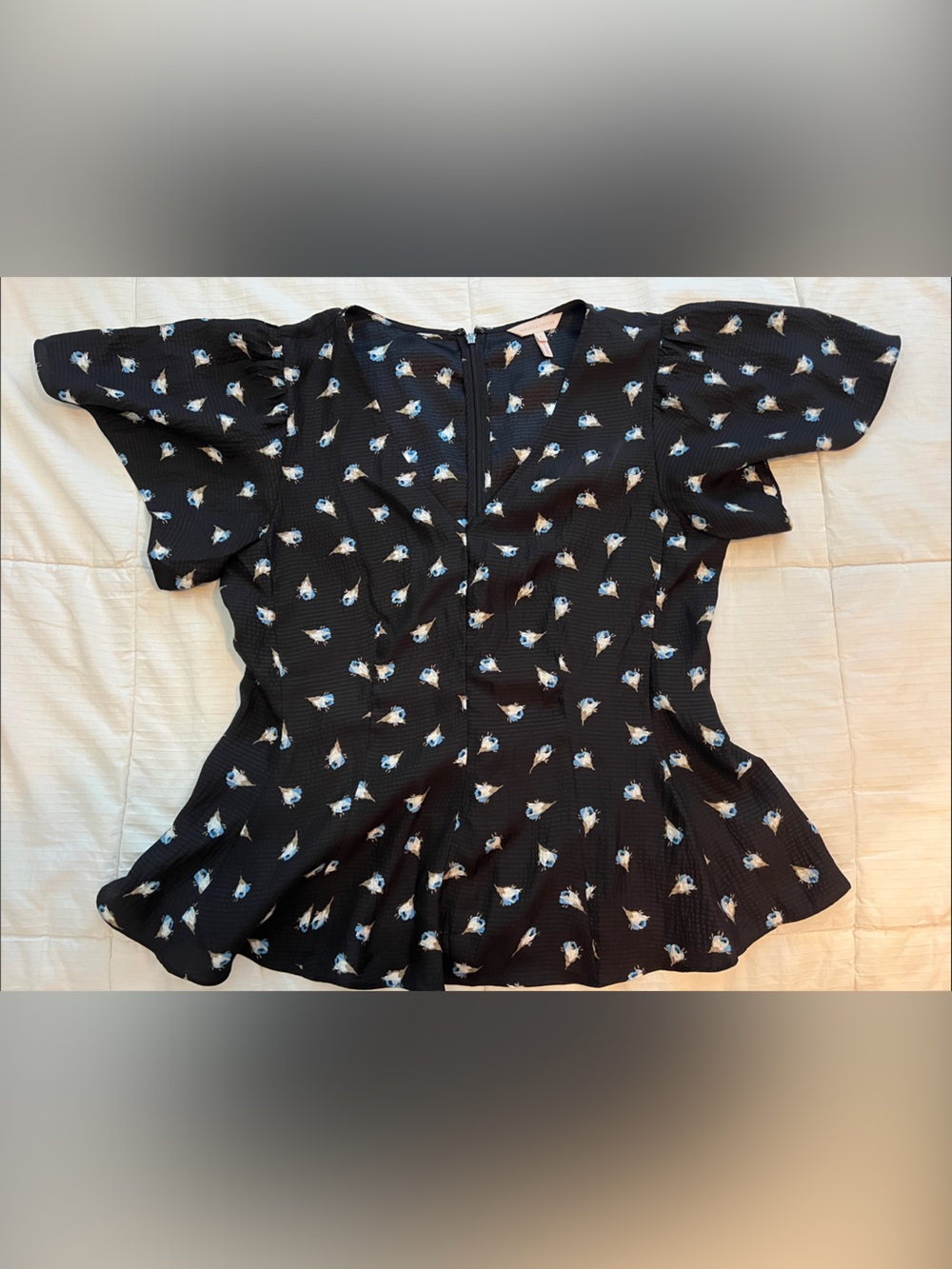 Rebecca Taylor Black Floral Peplum Flutter-Sleeve Blouse